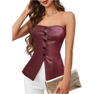imageOYOANGLE Womens PU Leather Button Front Strapless Top Sleeveless Slit Hem Fitted BandeauBurgundy