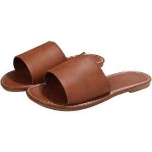 imageOYOANGLE Womens PU Leather Open Toe Flat Sandals Single Band Summer Casual Slip on SlidesBrown