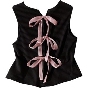 imageOYOANGLE Womens Plus Size Cute Bow Tie Tank Top Crew Neck Sleeveless Dressy TopsBlack