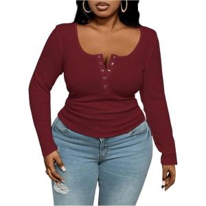 imageOYOANGLE Womens Plus Size Long Sleeve Henley Shirts Button Front Ribbed Knit Fitted TShirt Fall TopsBurgundy