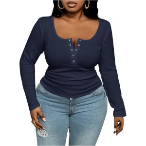 imageOYOANGLE Womens Plus Size Long Sleeve Henley Shirts Button Front Ribbed Knit Fitted TShirt Fall TopsDeep Blue