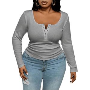 imageOYOANGLE Womens Plus Size Long Sleeve Henley Shirts Button Front Ribbed Knit Fitted TShirt Fall TopsGrey