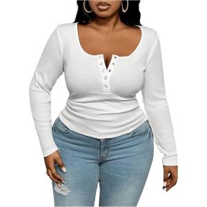 imageOYOANGLE Womens Plus Size Long Sleeve Henley Shirts Button Front Ribbed Knit Fitted TShirt Fall TopsWhite