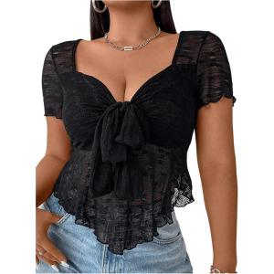 imageOYOANGLE Womens Plus Size Sheer Sweetheart Neck Short Sleeve Blouse Knot Front Flowy Summer Tee TopsBlack