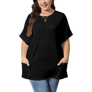 imageOYOANGLE Womens Plus Size Short Sleeve Round Neck Pocket Tee Shirt Basic Solid Loose Tunic TopsBlack