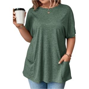 imageOYOANGLE Womens Plus Size Short Sleeve Round Neck Pocket Tee Shirt Basic Solid Loose Tunic TopsDark Green