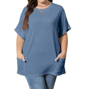 imageOYOANGLE Womens Plus Size Short Sleeve Round Neck Pocket Tee Shirt Basic Solid Loose Tunic TopsDusty Blue