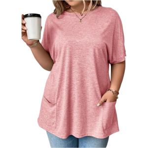imageOYOANGLE Womens Plus Size Short Sleeve Round Neck Pocket Tee Shirt Basic Solid Loose Tunic TopsLight Pink