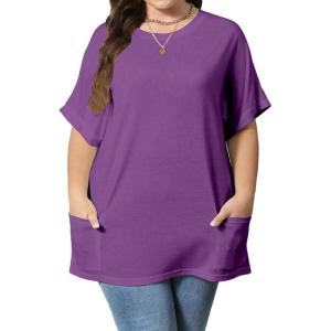 imageOYOANGLE Womens Plus Size Short Sleeve Round Neck Pocket Tee Shirt Basic Solid Loose Tunic TopsPurple