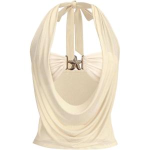 imageOYOANGLE Womens Sheer Mesh Star Linked Draped Front Halter Crop Tank Top Club Party Night OutApricot