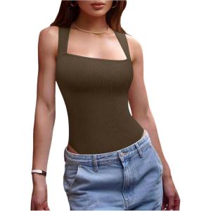 imageOYOANGLE Womens Square Neck Ribbed Knit Bodysuit Sleeveless Slim Fitted Body Suit TopsBrown