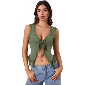 imageOYOANGLE Womens Summer Casual Tie Front Top Sleeveless V Neck Lace Trim Going Out Crop BlouseArmy Green