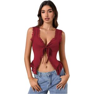 imageOYOANGLE Womens Summer Casual Tie Front Top Sleeveless V Neck Lace Trim Going Out Crop BlouseBurgundy