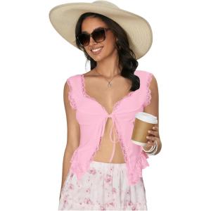 imageOYOANGLE Womens Summer Casual Tie Front Top Sleeveless V Neck Lace Trim Going Out Crop BlousePink