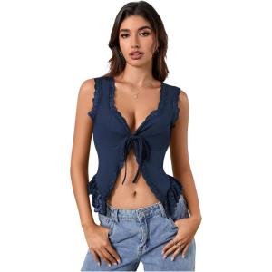 imageOYOANGLE Womens Summer Casual Tie Front Top Sleeveless V Neck Lace Trim Going Out Crop BlouseRoyal Blue