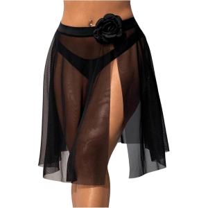 imageOYOANGLE Womens Swimsuit Cover Up 3D Floral Sheer Mesh Split Side Beach Skirts SwimwearBlack