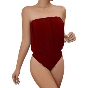 imageOYOANGLE Womens Tube Bodysuits Sleeveless Ruched Strapless Going Out Body SuitsBurgundy