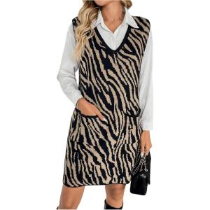 imageOYOANGLE Womens Zebra Print V Neck Sleeveless Loose Casual Knit Sweater Dress with PocketsBlack and Khaki
