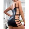imageOYOANGLE Womens 2 Piece Lingerie Set PU Leather Zip Up Cut Out Bodycon Nightdress and G String NightwearBlack