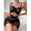 imageOYOANGLE Womens 2 Piece Lingerie Set Sheer Cut Out Sleeveless Floral Lace Teddy Babydoll and Thongs SetsBlack