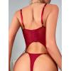 imageOYOANGLE Womens 4 Piece Babydoll Teddy Floral Lace Up Underwire Garter Lingerie SetBurgundy