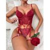 imageOYOANGLE Womens 4 Piece Babydoll Teddy Floral Lace Up Underwire Garter Lingerie SetBurgundy