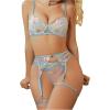 imageOYOANGLE Womens 5 Piece Floral Embroidery Mesh Lingerie Set Spaghetti Straps Underwire Garter Thong SetBlue and Pink