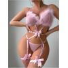 imageOYOANGLE Womens Garter Lingerie Set 3 Piece Faux Fur Teddy Lingerie Bodysuit with Fishnet StockingsPink