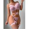 imageOYOANGLE Womens Garter Lingerie Set 3 Piece Faux Fur Teddy Lingerie Bodysuit with Fishnet StockingsPink