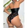 imageOYOANGLE Womens PU Leather Lace Lingerie Bodysuit Halter V Neck Sleeveless Zip Up Bodysuits with GarterBlack