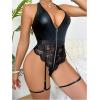 imageOYOANGLE Womens PU Leather Lace Lingerie Bodysuit Halter V Neck Sleeveless Zip Up Bodysuits with GarterBlack