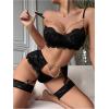 imageOYOANGLE Womens Sexy Flower Lace Lingerie Set Chain Babydoll Underwire Bra and Thongs Sets with Garter Belt Lingerie SetsBlack