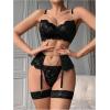 imageOYOANGLE Womens Sexy Flower Lace Lingerie Set Chain Babydoll Underwire Bra and Thongs Sets with Garter Belt Lingerie SetsBlack