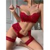 imageOYOANGLE Womens Sexy Flower Lace Lingerie Set Chain Babydoll Underwire Bra and Thongs Sets with Garter Belt Lingerie SetsBurgundy
