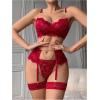 imageOYOANGLE Womens Sexy Flower Lace Lingerie Set Chain Babydoll Underwire Bra and Thongs Sets with Garter Belt Lingerie SetsBurgundy