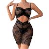 imageOYOANGLE Womens 2 Piece Lingerie Set Sheer Cut Out Sleeveless Floral Lace Teddy Babydoll and Thongs SetsBlack