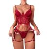 imageOYOANGLE Womens 4 Piece Babydoll Teddy Floral Lace Up Underwire Garter Lingerie SetBurgundy