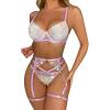 imageOYOANGLE Womens 5 Piece Floral Embroidery Mesh Lingerie Set Spaghetti Straps Underwire Garter Thong SetYellow Mesh