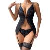 imageOYOANGLE Womens Floral Lace Spaghetti Strap Bralette Bra and Thong with Garter Belt Set Exotic Lingerie SetBlack