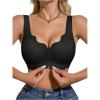 imageOYOANGLE Womens Front Closure Scalloped Wireless Bra Lightly Lined Medium Support Seamless BrasBlack