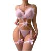 imageOYOANGLE Womens Garter Lingerie Set 3 Piece Faux Fur Teddy Lingerie Bodysuit with Fishnet StockingsPink