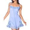 imageOYOANGLE Womens Lingerie Set Lace Trim Bow Sheer Chemise Nightgown with Thongs Babydoll SleepwearBlue