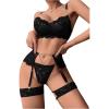 imageOYOANGLE Womens Sexy Flower Lace Lingerie Set Chain Babydoll Underwire Bra and Thongs Sets with Garter Belt Lingerie SetsBlack
