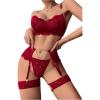 imageOYOANGLE Womens Sexy Flower Lace Lingerie Set Chain Babydoll Underwire Bra and Thongs Sets with Garter Belt Lingerie SetsBurgundy
