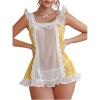 imageOYOANGLE Womens Sheer Lingerie Set Lace Mesh Ruffle Chemise Nightgown with G String Babydoll LingerieWhite Yellow