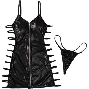 imageOYOANGLE Womens 2 Piece Lingerie Set PU Leather Zip Up Cut Out Bodycon Nightdress and G String NightwearBlack