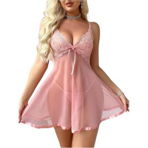 imageOYOANGLE Womens 2 Piece Lingerie Sets Contrast Lace Sheer Backless Mini Babydoll Chemise and G String SetCoral Pink