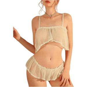 imageOYOANGLE Womens 2 Piece Mesh Sheer Bra and Panty Set See Through Crotchless Lingerie Outfits SleepwearWhite