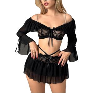 imageOYOANGLE Womens 3 Piece Mesh Lingerie Contrast Lace Cold Shoulder Crop Top and Mini Skirts with ThongBlack