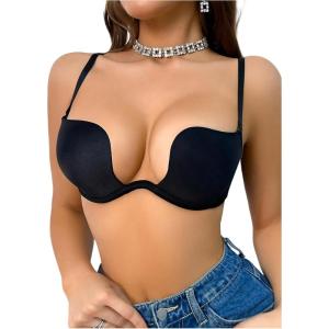 imageOYOANGLE Womens Deep U MultiWay Sexy Underwire Push Up Convertible Low Cut Plunge BraBlack